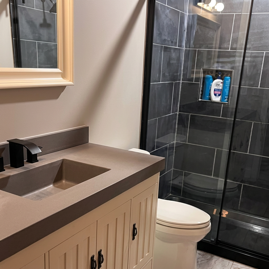Bathroom remodel by Blilie Construction with a dark tiled walk-in shower and quartz vanity