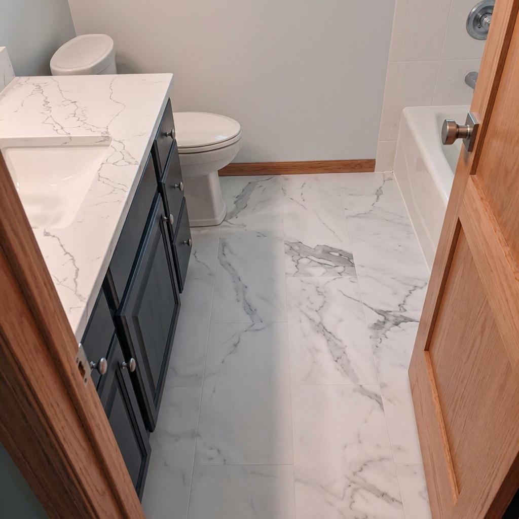 Completed bathroom with marble-look tile floor and dark vanity in a Minnesota home